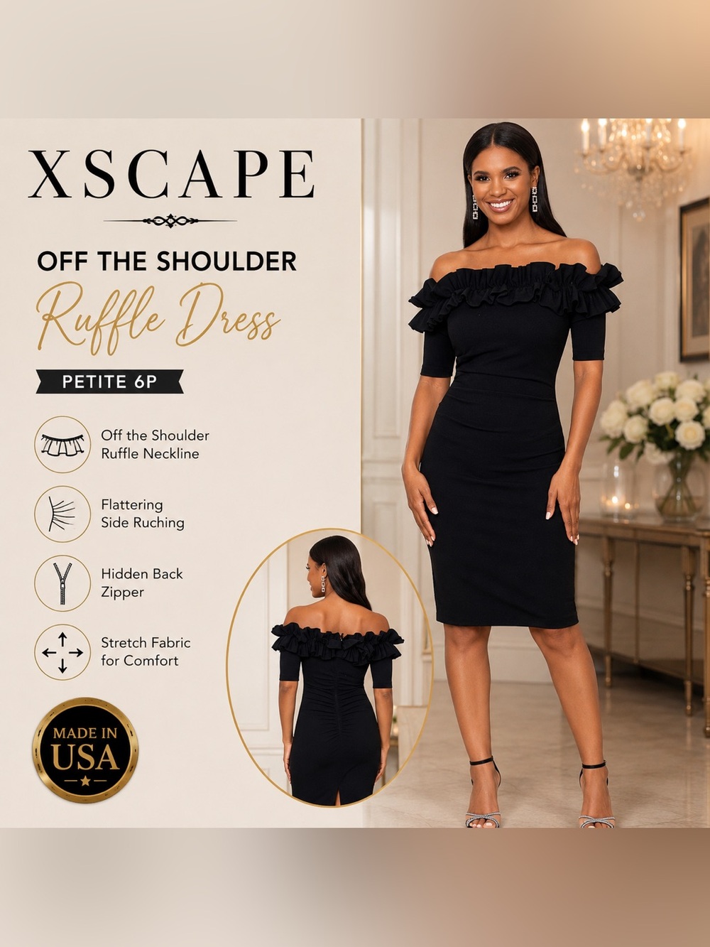 XSCAPE Petite 6P Black Off Shoulder Ruffle Cocktail Party Dress Midi